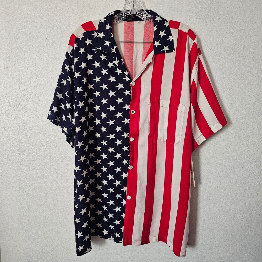 Koko Knot In Gear Mens American Flag Stars Stripes Rayon Button Up Shirt XL NWT